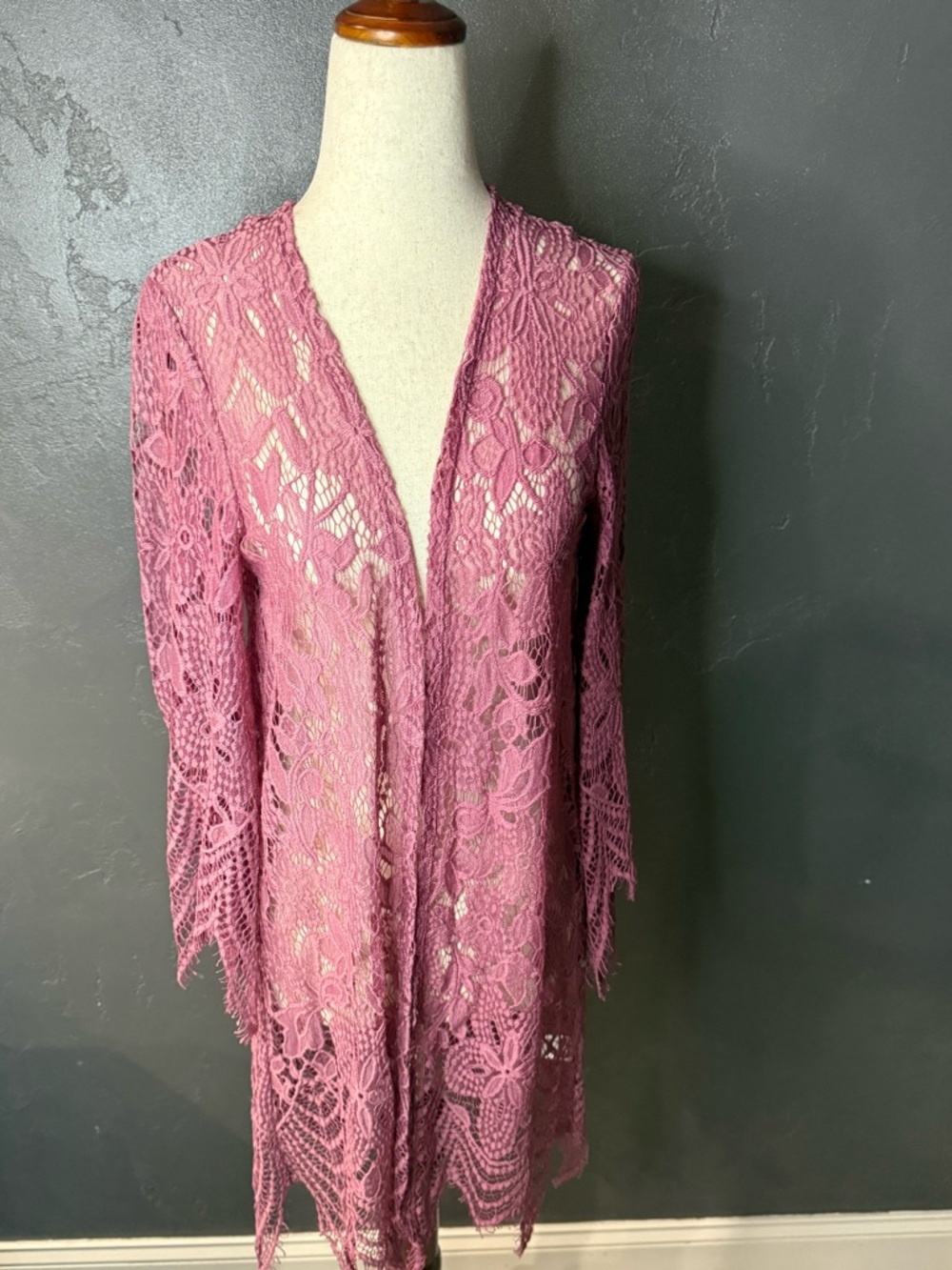 Lace Open-Front Long Cardigan Dress - Dusty Rose